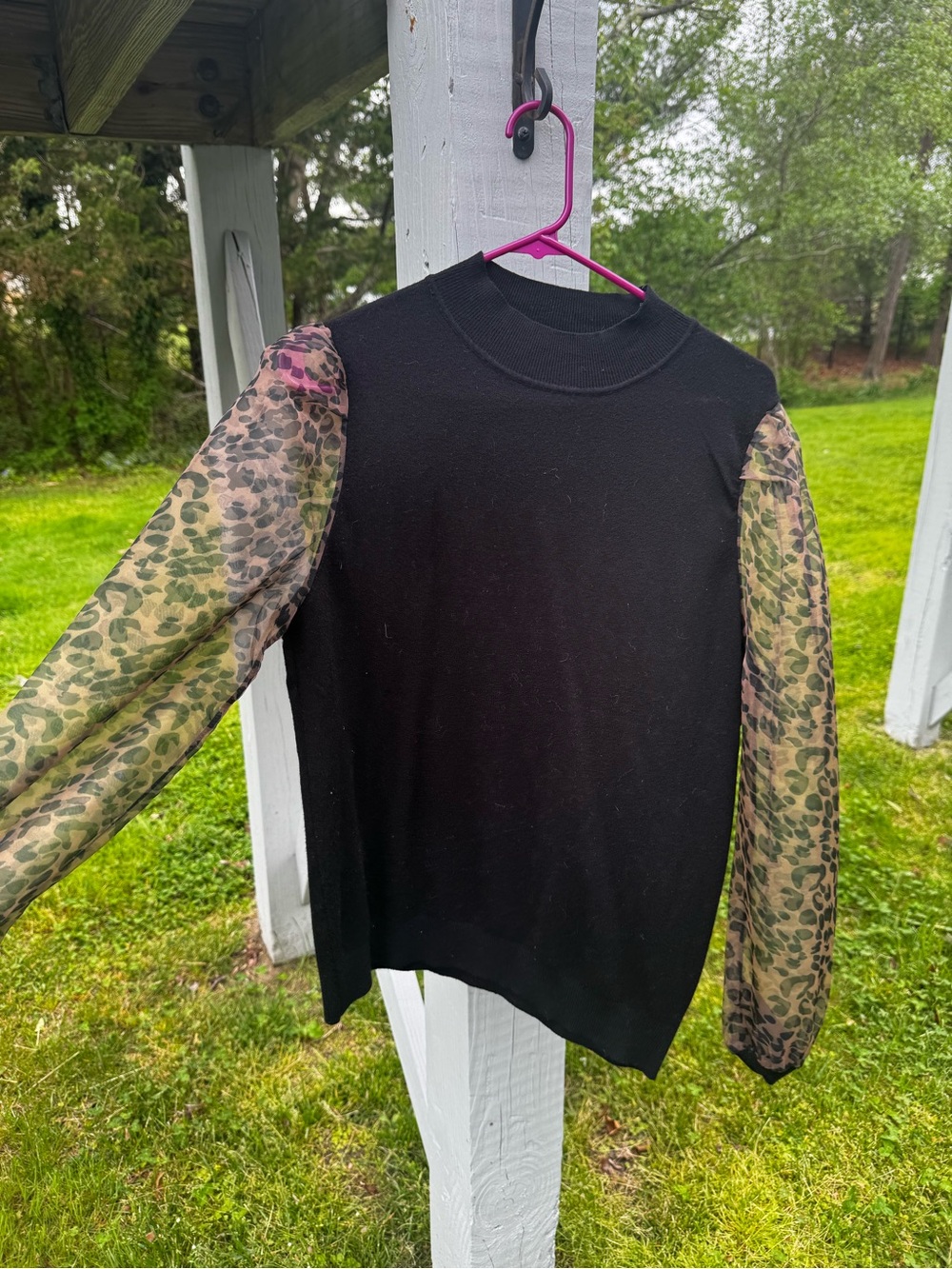 Black Sweater with Sheer Leopard Print Sleeves